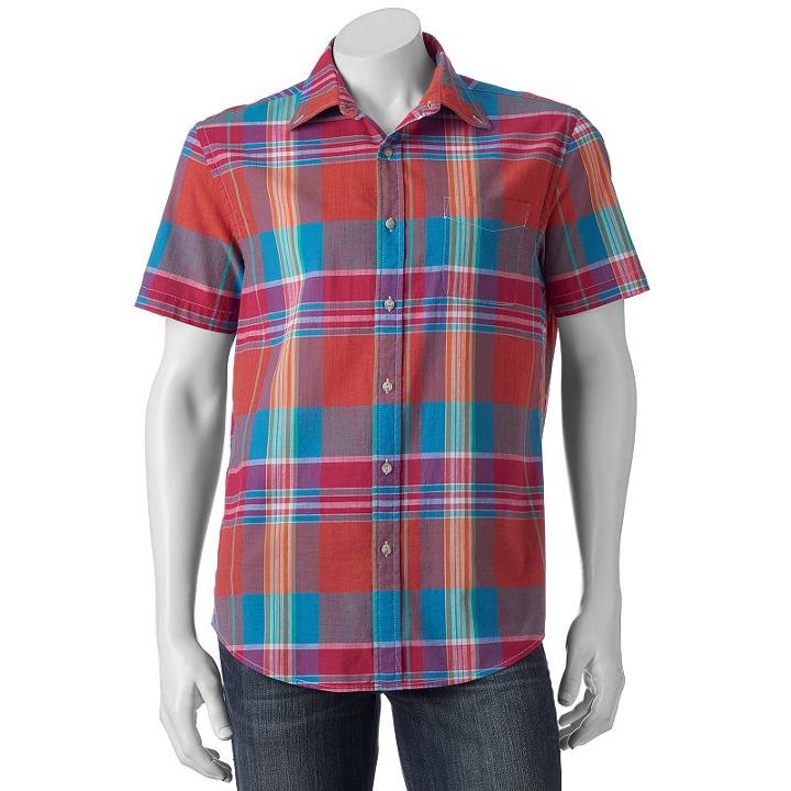 Sonoma Goods For Life, Men's &trade; Flexwear Modern-fit Plaid Stretch Button-down Shirt, Size: Medium, Orange