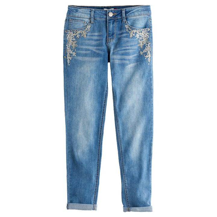 Girls 7-16 & Plus Size So&reg; Rhinestone Embroidered Girlfriend Jeans, Size: 10, Light Blue