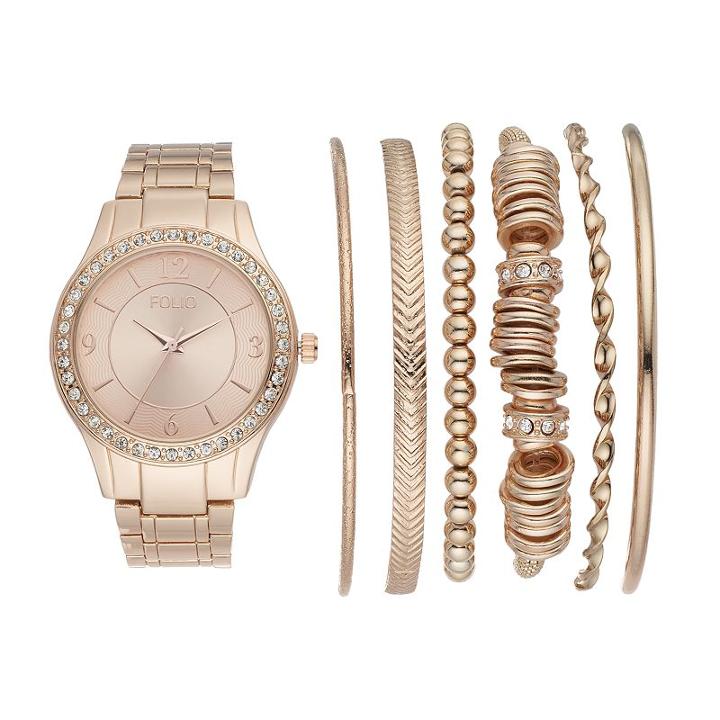 Folio Women's Crystal Watch & Bracelet Set, Size: Medium, Pink