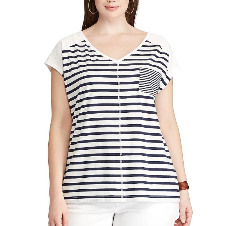 Plus Size Chaps Striped Pocket Tee, Women's, Size: 3xl, Blue