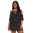 Plus Size Beach Scene Cold-shoulder Blouson Cover-up, Women's, Size: 3xl, Black