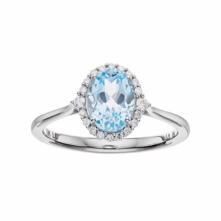 Lc Lauren Conrad 10k White Gold Blue Topaz & 1/8 Carat T.w. Diamond Oval Halo Ring, Women's, Size: 9