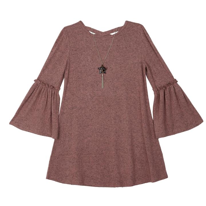 Girls 7-16 And Plus Size Iz Amy Byer Ruffled Bell Sleeve Dress With Necklace, Size: M Plus, Med Pink