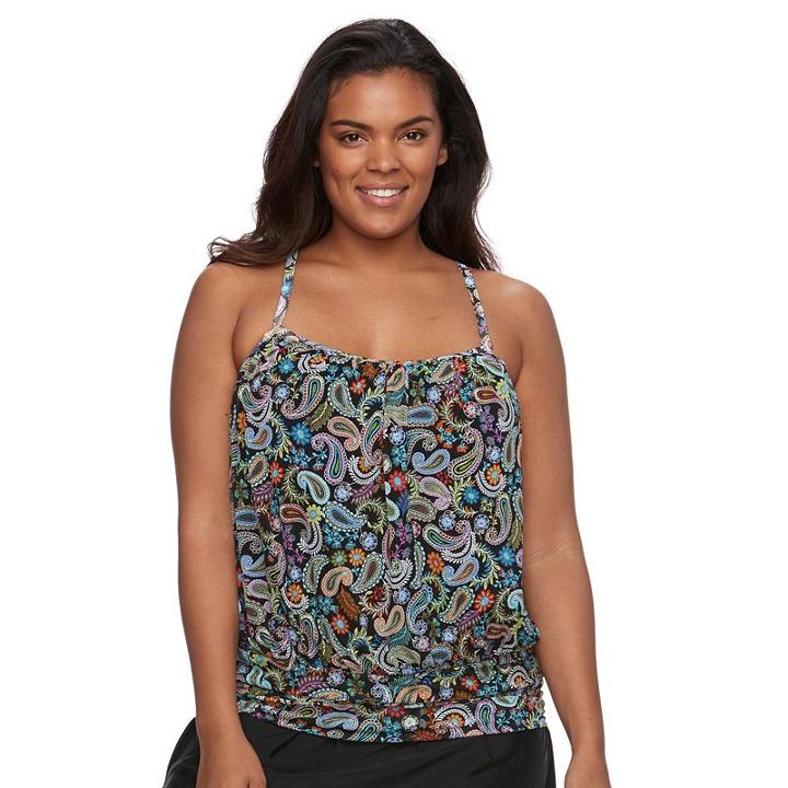Plus Size A Shore Fit Tummy Slimmer Mesh Blouson Tankini Top, Women's, Size: 22 W, Ovrfl Oth