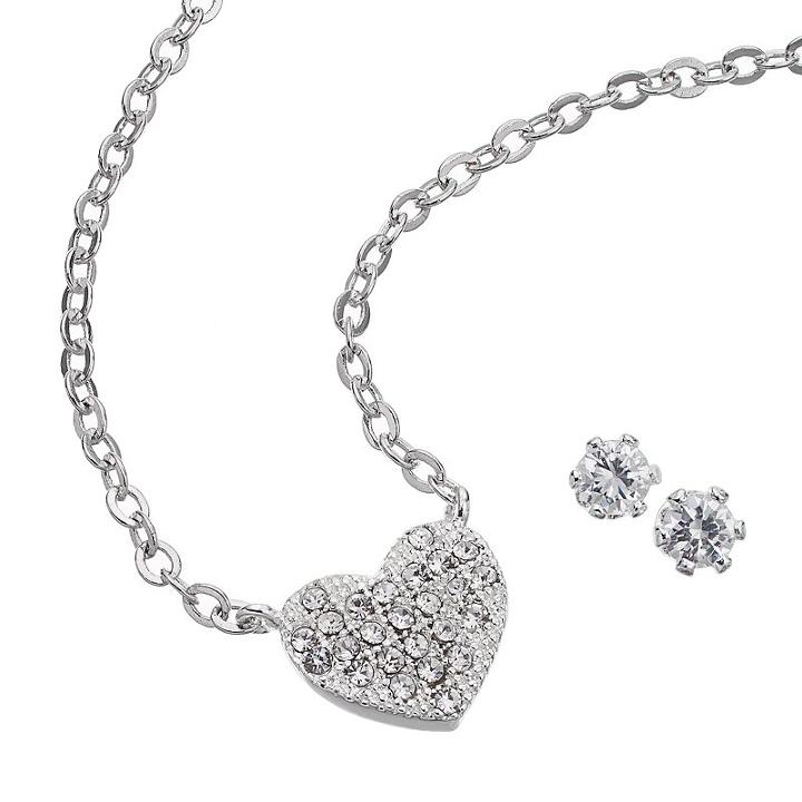 Silver Tone Cubic Zirconia Heart Necklace And Stud Earring Set, Women's, Multicolor