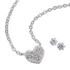 Silver Tone Cubic Zirconia Heart Necklace And Stud Earring Set, Women's, Multicolor
