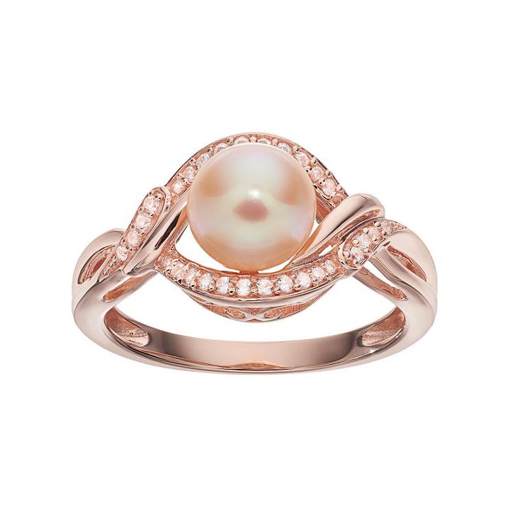 14k Rose Gold Over Silver Dyed Freshwater Cultured Pearl & Lab-created White Sapphire Swirl Ring, Women's, Size: 8, Pink