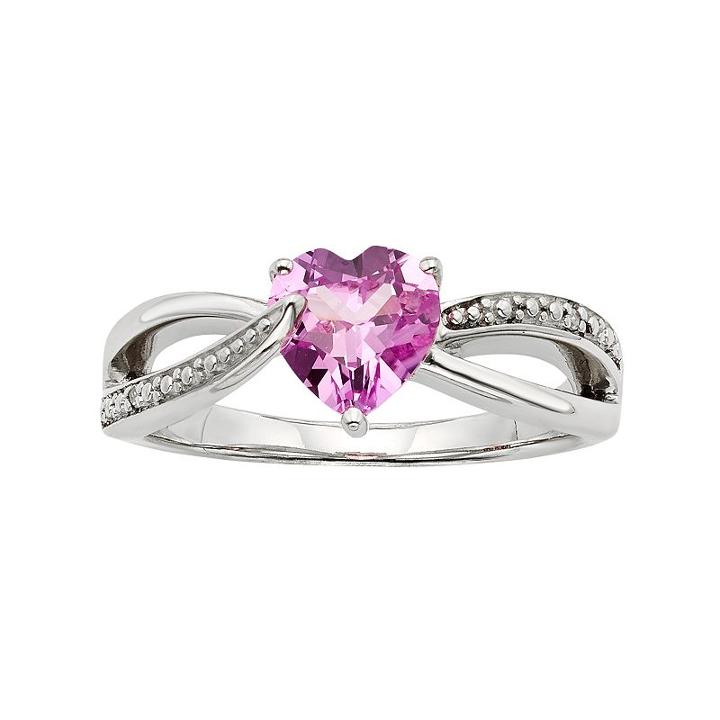 Lab-created Pink Sapphire And Diamond Accent Sterling Silver Heart Bypass Ring, Women's, Size: 7