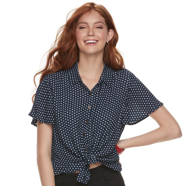 Juniors' Rewind Printed Tie-front Shirt, Teens, Size: Large, Blue