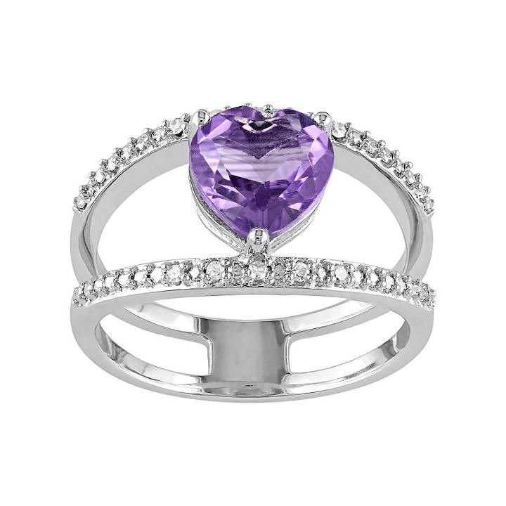Amethyst & Diamond Accent Sterling Silver Double Row Heart Ring, Women's, Size: 9, Purple
