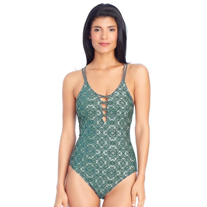 Women's Ibiza Printed Crisscross One-piece Swimsuit, Size: Large, Dark Green