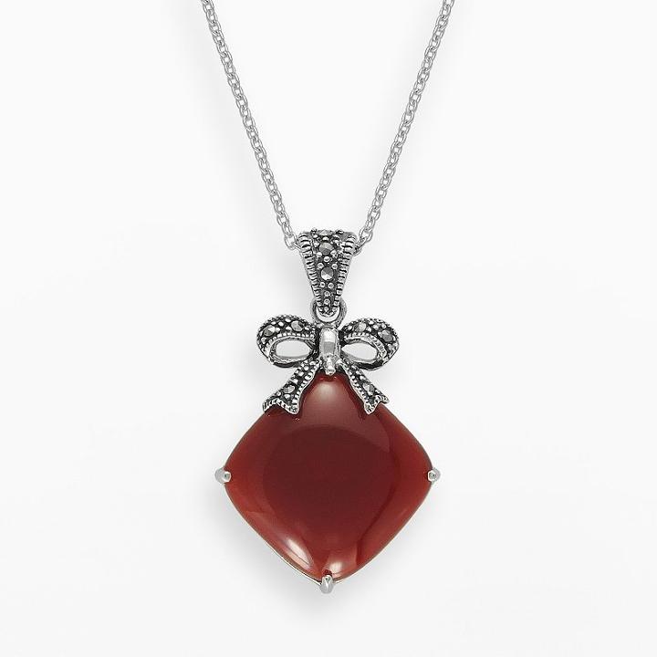 Lavish By Tjm Sterling Silver Red Agate Bow Pendant - Made With Swarovski Marcasite, Women's, Size: 18