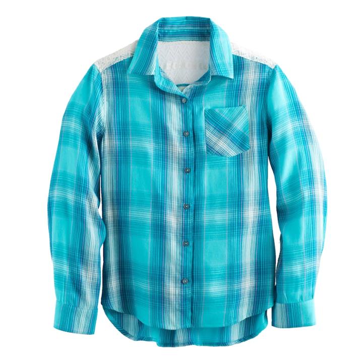 Girls 7-16 Mudd&reg; Lace Back Yoke Plaid Button-down Shirt, Size: 10, Med Blue