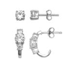 Primrose Sterling Silver Cubic Zirconia Stud & 3-stone C Hoop Earring Set, Women's, White