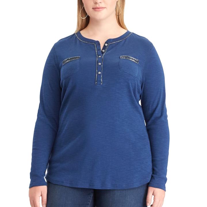 Plus Size Chaps Embellished Henley, Women's, Size: 2xl, Blue