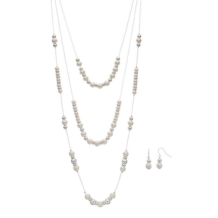 Simulated Pearl Layered Necklace & Drop Earring Set, Women's, White