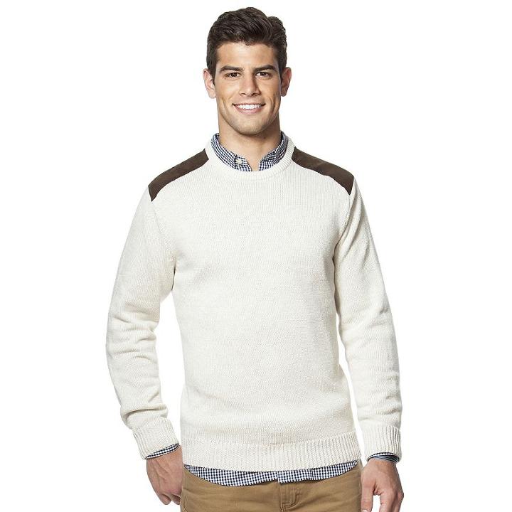 Men's Chaps Classic-fit Sueded-patch Crewneck Sweater, Size: Large, Natural