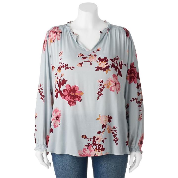 Juniors' Plus Size About A Girl Woven Floral Long Sleeve Top, Size: 3xl, Lt Green