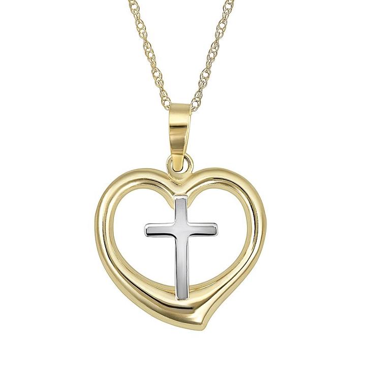 Everlasting Gold 10k Gold Two Tone Heart And Cross Pendant Necklace, Women's, Multicolor