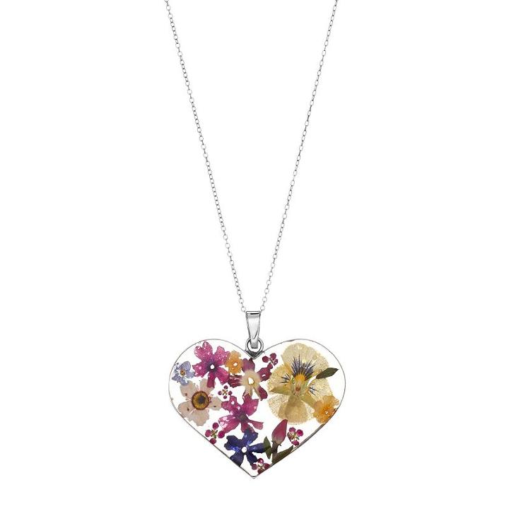 Sterling Silver Large Pressed Flower Heart Pendant Necklace, Women's, Size: 18, Multicolor