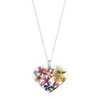 Sterling Silver Large Pressed Flower Heart Pendant Necklace, Women's, Size: 18, Multicolor