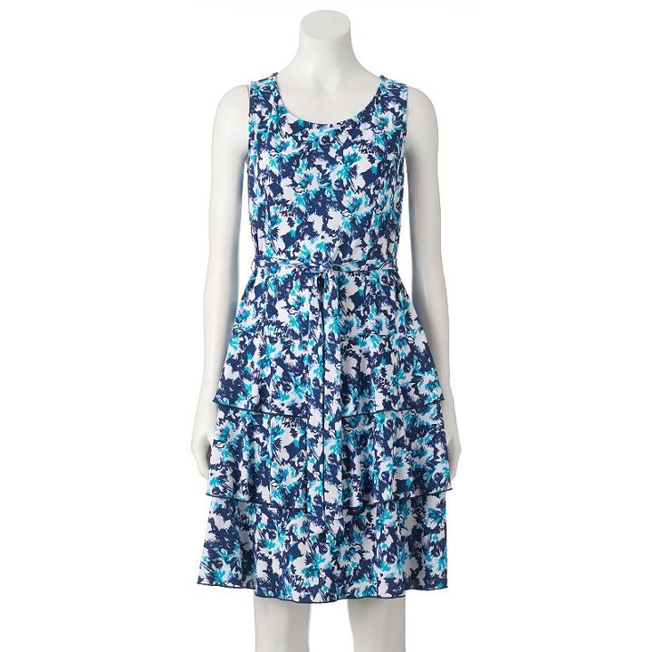 Women's Perceptions Floral Tiered Fit & Flare Dress, Size: 14, Blue
