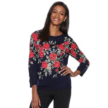 Women's Cathy Daniels Crewneck Floral Sweater, Size: Small, White Floral