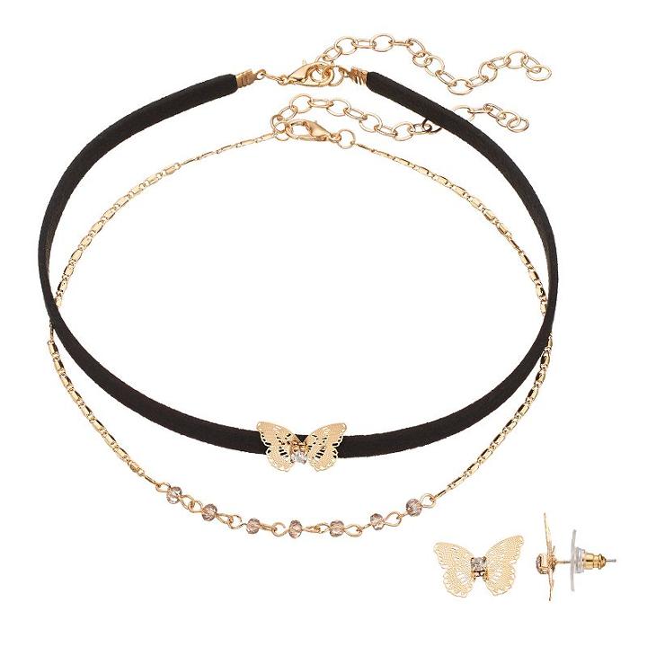 Lc Lauren Conrad Butterfly Choker Necklace & Stud Earring Set, Women's, Black