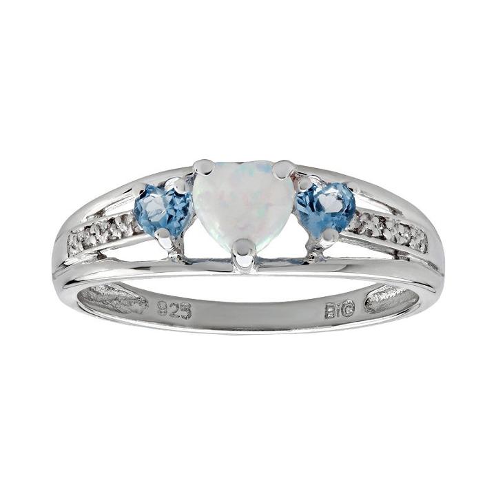 Sterling Silver Lab-created Opal, Blue Topaz And Diamond Accent Heart 3-stone Ring, Women's, Size: 7