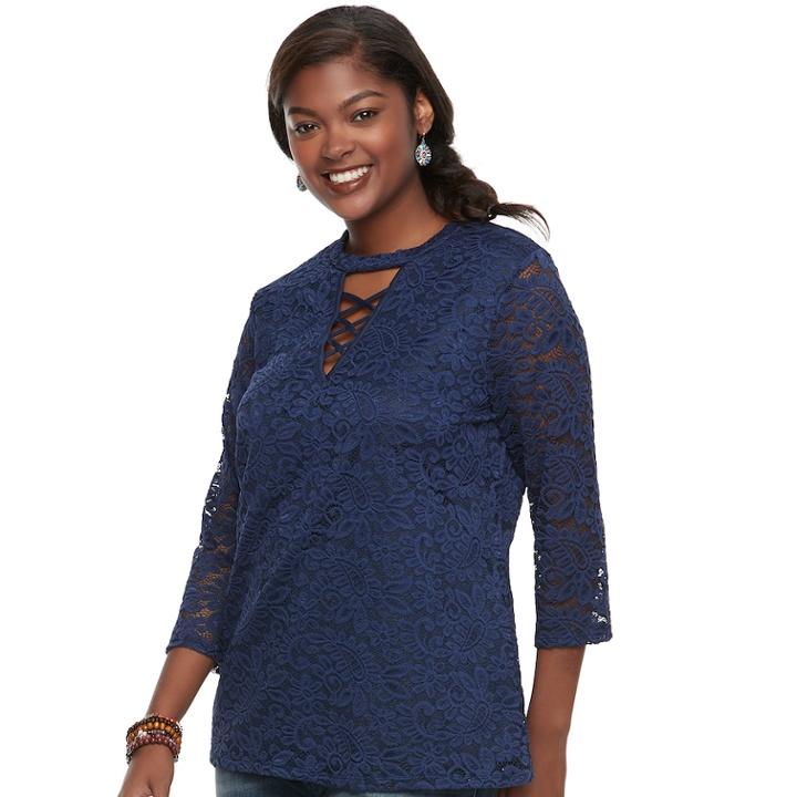 Plus Size Juniors' Liberty Love Lace Crisscross Top, Size: 2xl, Blue (navy)