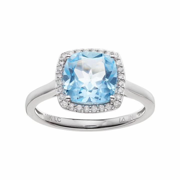 Lc Lauren Conrad 10k White Gold Blue Topaz & 1/8 Carat T.w. Diamond Cushion Halo Ring, Women's, Size: 6