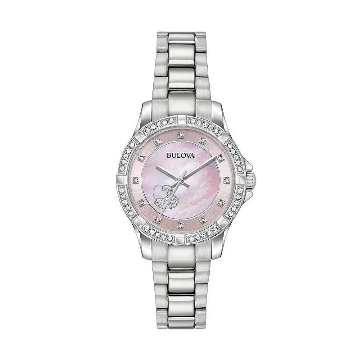 Bulova Woman's Crystal Heart Stainless Steel Watch - 96l237, Women's, Grey