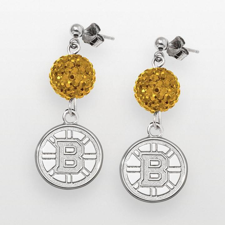 Logoart Boston Bruins Sterling Silver Crystal Ball Drop Earrings, Women's, Yellow