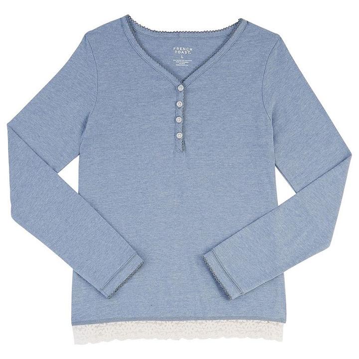 Girls Plus Size French Toast Scalloped Lace Henley, Girl's, Size: 14-16 Plus, Light Blue