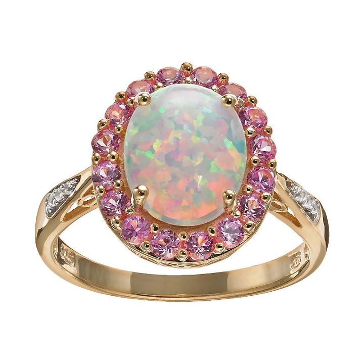 Lab-created Opal And Lab-created Sapphire 18k Gold Over Silver Oval Halo Ring, Women's, Size: 7, Pink