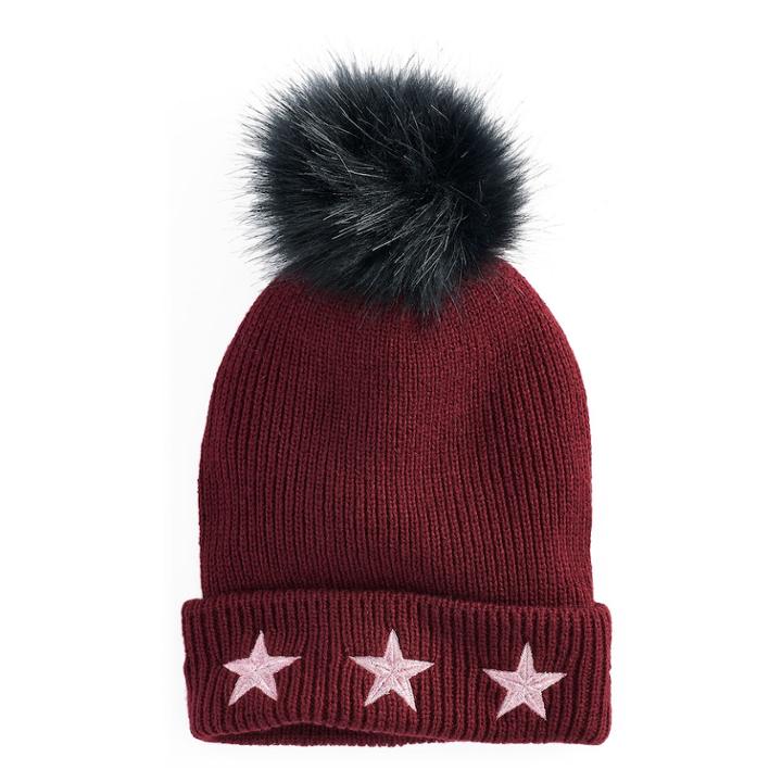 Madden Nyc Women's Embroidered Stars Pom Pom Beanie, Dark Red