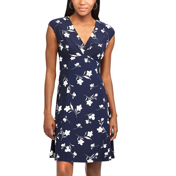 Women's Chaps Floral Surplice Empire Dress, Size: Large, Blue (navy)