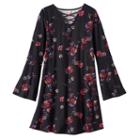 Girls 7-16 Mudd&reg; Faux Lace-up Front Bell Sleeve Patterned Dress, Girl's, Size: Xxl/16, Black