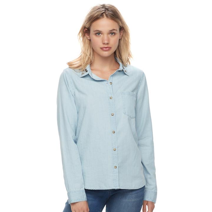 Juniors' So&reg; Embellished Chambray Shirt, Teens, Size: Xs, Light Blue