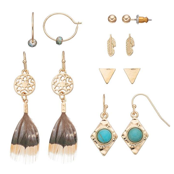 Mudd&reg; Feather Dream Catcher, Leaf & Triangle Earring Set, Women's, Turq/aqua