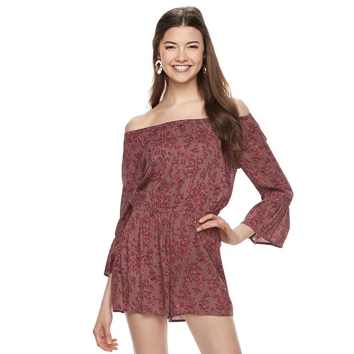 Juniors' Mudd&reg; Print Off The Shoulder Romper, Girl's, Size: Medium, Med Pink