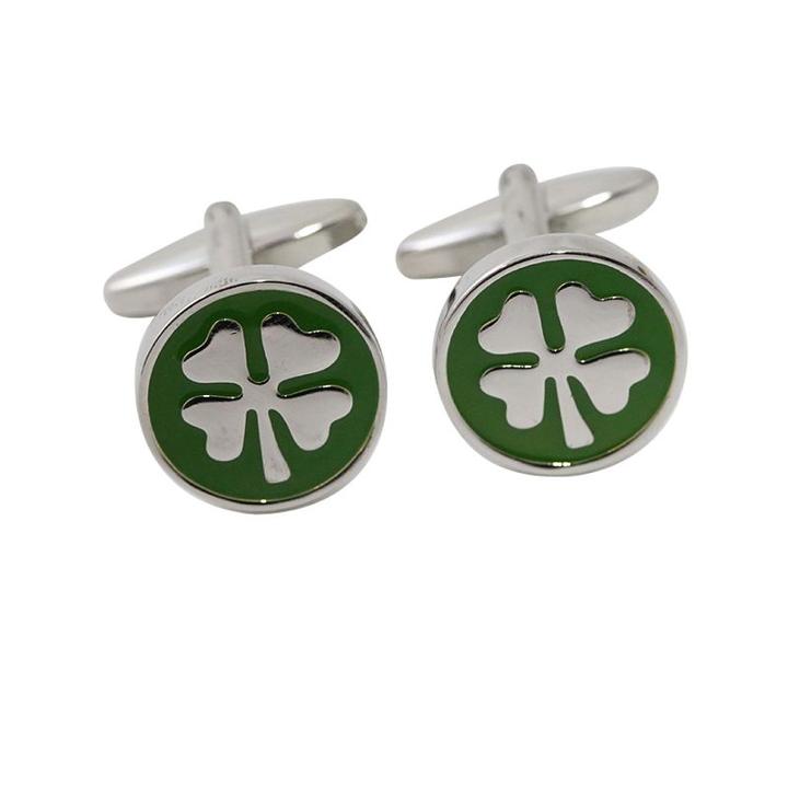 Rhodium-plated Four Leaf Clover Cuff Links, Men's, Green