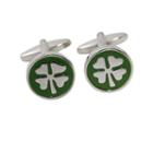 Rhodium-plated Four Leaf Clover Cuff Links, Men's, Green