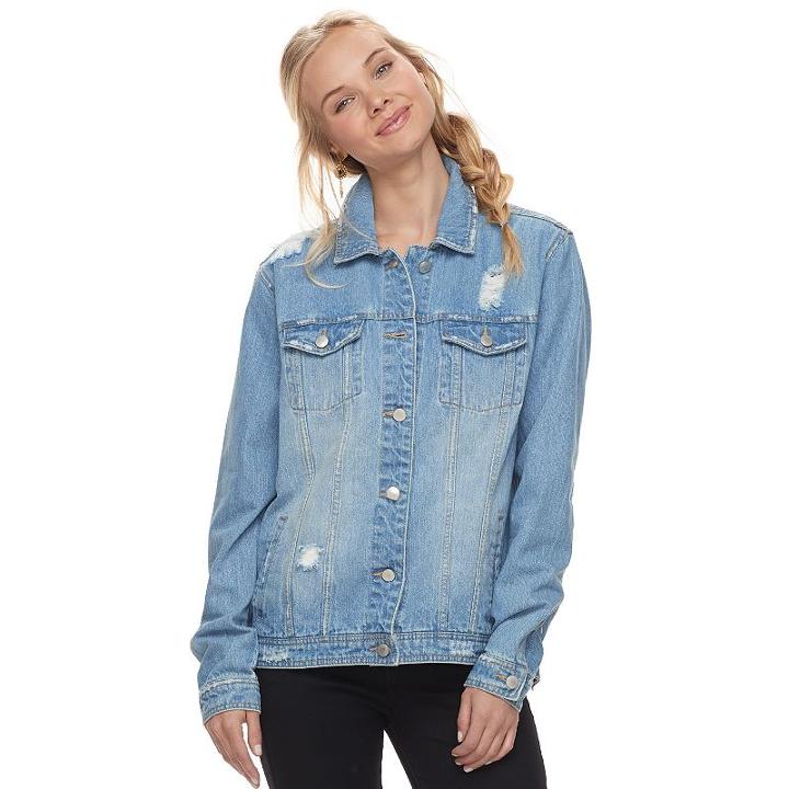 Juniors' Love, Fire Oversized Ripped Jean Jacket, Teens, Size: Xl, Blue (navy)