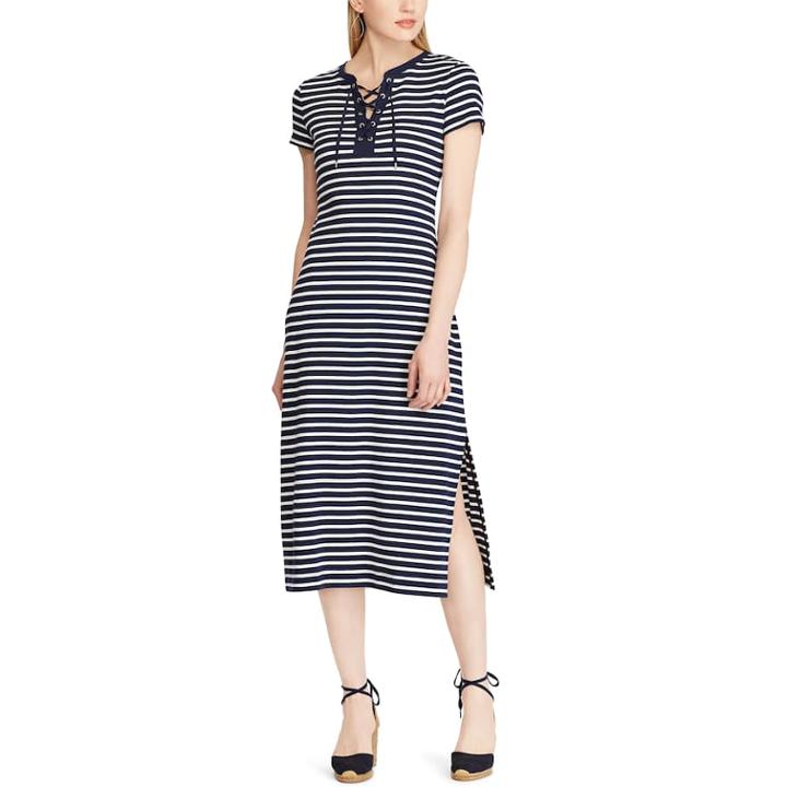 Women's Chaps Lace-up Striped Midi Dress, Size: Large, Blue (navy)