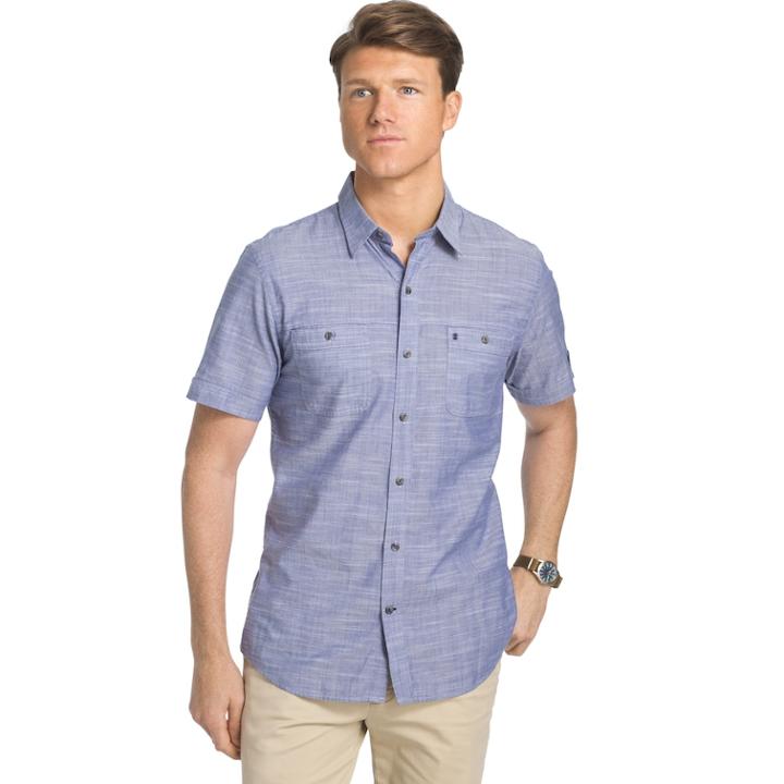Men's Izod Classic-fit Slubbed Chambray Woven Button-down Shirt, Size: Medium, Dark Blue