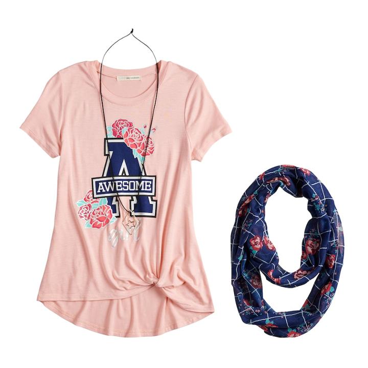 Girls 7-16 & Plus Size Self Esteem Side Knot Top Set With Scarf & Necklace, Size: Xl, Brt Pink