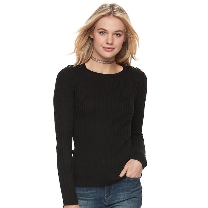 Juniors' Pink Republic Lace-up Shoulder Ribbed Sweater, Teens, Size: Xs, Black
