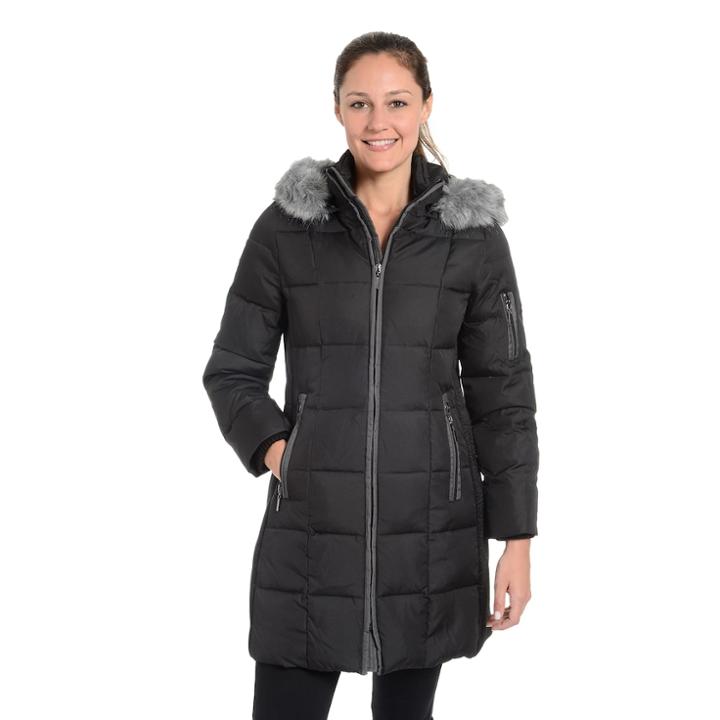Women's Fleet Street Down Faux-fur Trim Jacket, Size: Large, Black