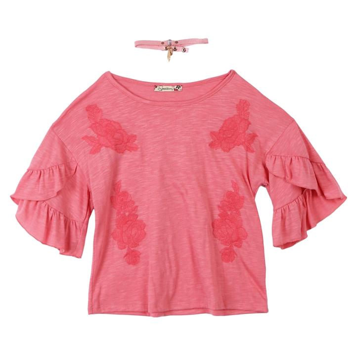 Girls 7-16 Speechless Ruffled Sleeve Floral Embroidery Tunic Top With Choker Necklace, Size: Small, Light Red